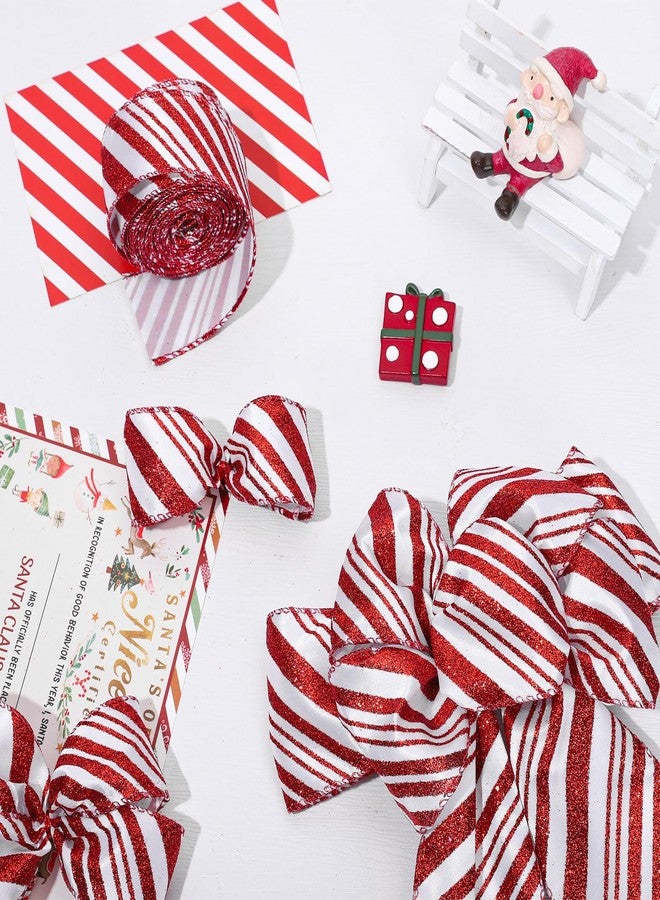 Whaline 2 Rolls 20 Yards Christmas Wired Edge Ribbons Glitter Red White Stripes Ribbon Christmas Candy Cane Gift Wrapping Ribbons for DIY Wreath Floral Arrangement Bow Decoration Supplies, 1.5 Inch - Image 4